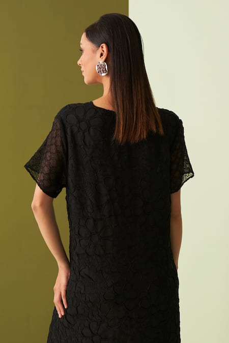 Pleats By Aruni Black Cotton Embroidery Round Neck Flower Textured Midi Dress Online at Aza Fashions Pleats By Aruni_Black Cotton Embroidery Round Neck Flower Textured Midi Dress _Online_at_Aza_Fashions
