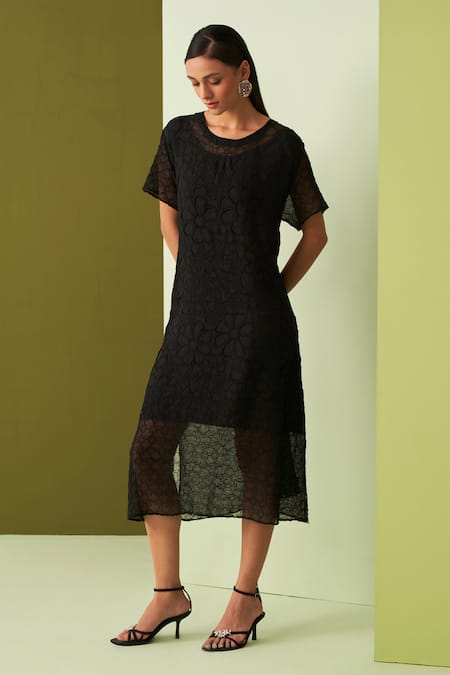 Shop Pleats By Aruni Black Cotton Embroidery Round Neck Flower Textured Midi Dress Online at Aza Fashions Shop_Pleats By Aruni_Black Cotton Embroidery Round Neck Flower Textured Midi Dress _Online_at_Aza_Fashions
