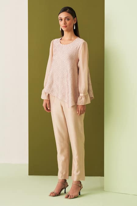 Shop Pleats By Aruni Ivory Crepe Embroidery Round Neck Asymmetric Textured Top at Aza Fashions Shop_Pleats By Aruni_Ivory Crepe Embroidery Round Neck Asymmetric Textured Top _at_Aza_Fashions