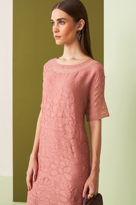 Buy_Pleats By Aruni_Peach Cotton Fabric Flowers Round Neck Textured Midi Dress _Online_at_Aza_Fashions