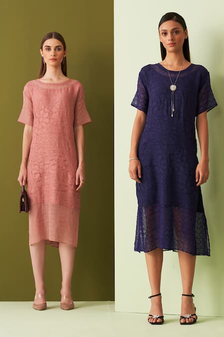 Shop_Pleats By Aruni_Peach Cotton Fabric Flowers Round Neck Textured Midi Dress _Online_at_Aza_Fashions