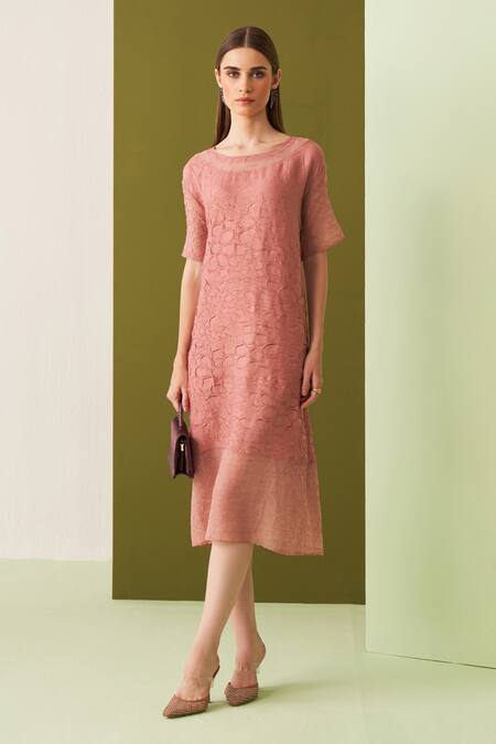 Pleats By Aruni_Peach Cotton Fabric Flowers Round Neck Textured Midi Dress _at_Aza_Fashions