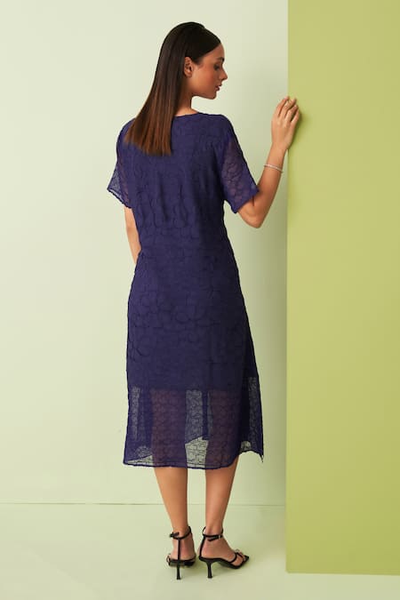 Shop Pleats By Aruni Blue Embroidery Round Neck Flower Textured Midi Dress at Aza Fashions Shop_Pleats By Aruni_Blue Embroidery Round Neck Flower Textured Midi Dress _at_Aza_Fashions