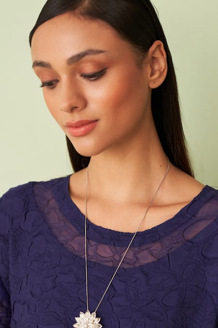 Pleats By Aruni Blue Embroidery Round Neck Flower Textured Midi Dress Online at Aza Fashions Pleats By Aruni_Blue Embroidery Round Neck Flower Textured Midi Dress _Online_at_Aza_Fashions