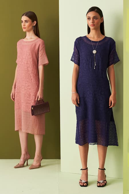 Buy Pleats By Aruni Blue Embroidery Round Neck Flower Textured Midi Dress Online at Aza Fashions Buy_Pleats By Aruni_Blue Embroidery Round Neck Flower Textured Midi Dress _Online_at_Aza_Fashions