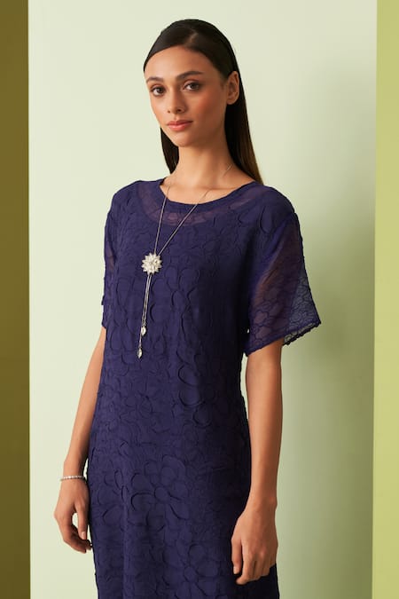Shop Pleats By Aruni Blue Embroidery Round Neck Flower Textured Midi Dress Online at Aza Fashions Shop_Pleats By Aruni_Blue Embroidery Round Neck Flower Textured Midi Dress _Online_at_Aza_Fashions
