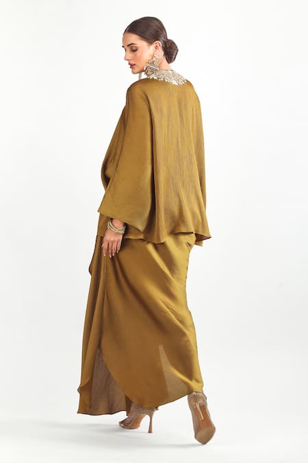 Mehak Talreja Couturre Zari Embroidered Mustard Kaftan & Draped Skirt 