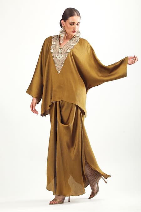 Mehak Talreja Couturre Yellow Satin Embroidery V-neck Zari Mustard Kaftan And Draped Skirt Online at Aza Fashions Mehak Talreja Couturre_Yellow Satin Embroidery V-neck Zari Mustard Kaftan And Draped Skirt _Online_at_Aza_Fashions