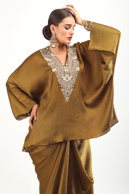 Buy Mehak Talreja Couturre Yellow Satin Embroidery V-neck Zari Mustard Kaftan And Draped Skirt Online at Aza Fashions Buy_Mehak Talreja Couturre_Yellow Satin Embroidery V-neck Zari Mustard Kaftan And Draped Skirt _Online_at_Aza_Fashions