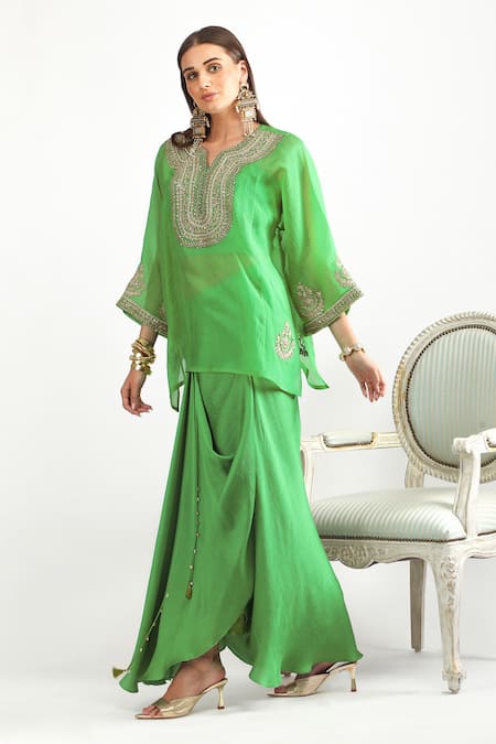 Mehak Talreja Couturre Zari Embroidered Green Tunic & Draped Skirt Set 