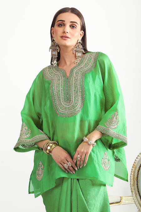 Buy_Mehak Talreja Couturre_Green Organza Zari, Tassels Split V-neck Embroidered Tunic And Draped Skirt Set _Online_at_Aza_Fashions