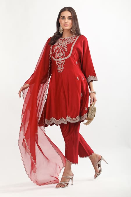 Mehak Talreja Couturre_Red Chanderi Zari Round Neck Embroidered Anarkali Set _Online_at_Aza_Fashions