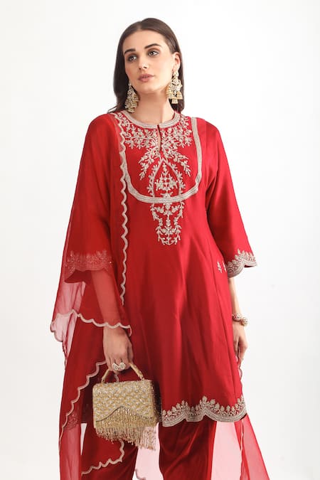 Shop_Mehak Talreja Couturre_Red Chanderi Zari Round Neck Embroidered Anarkali Set _Online_at_Aza_Fashions