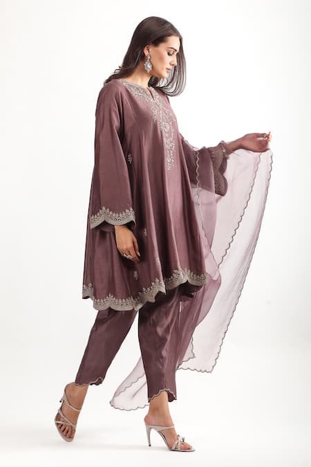 Mehak Talreja Couturre_Purple Chanderi Zari, Embroidery Open Neck Anarkali And Tulip Pant Set _Online_at_Aza_Fashions