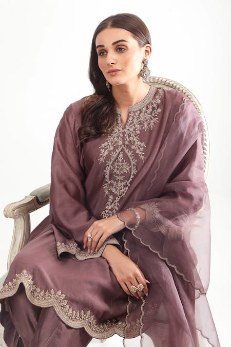 Buy_Mehak Talreja Couturre_Purple Chanderi Zari, Embroidery Open Neck Anarkali And Tulip Pant Set _Online_at_Aza_Fashions