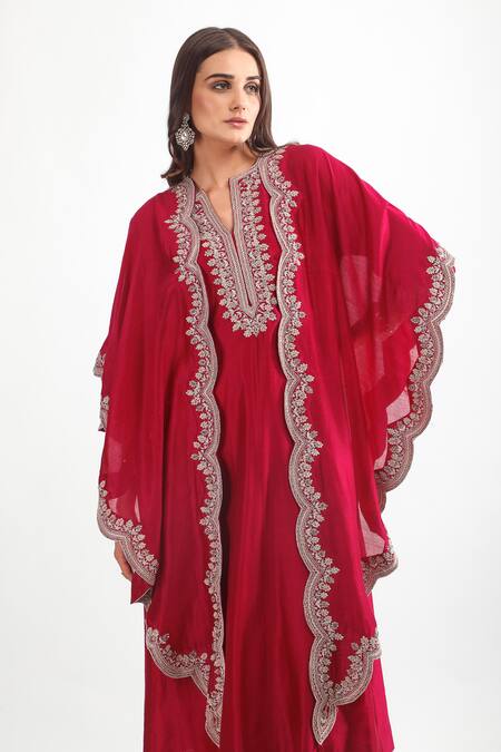 Buy_Mehak Talreja Couturre_Magenta Chanderi Embroidery Split V-neck Dori Cape And Kurta Set _Online_at_Aza_Fashions