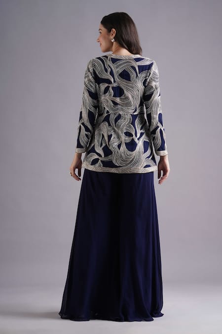 Shop Maisolos Navy Georgette Embroidery Split V-neck Petal Wave Jacket And Gharara Set at Aza Fashions Shop_Maisolos_Navy Georgette Embroidery Split V-neck Petal Wave Jacket And Gharara Set _at_Aza_Fashions