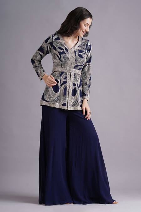 Maisolos Navy Georgette Embroidery Split V-neck Petal Wave Jacket And Gharara Set Online at Aza Fashions Maisolos_Navy Georgette Embroidery Split V-neck Petal Wave Jacket And Gharara Set _Online_at_Aza_Fashions