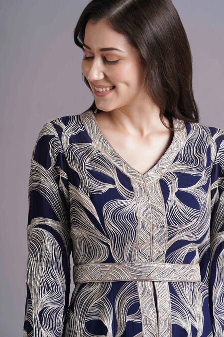 Buy Maisolos Navy Georgette Embroidery Split V-neck Petal Wave Jacket And Gharara Set Online at Aza Fashions Buy_Maisolos_Navy Georgette Embroidery Split V-neck Petal Wave Jacket And Gharara Set _Online_at_Aza_Fashions