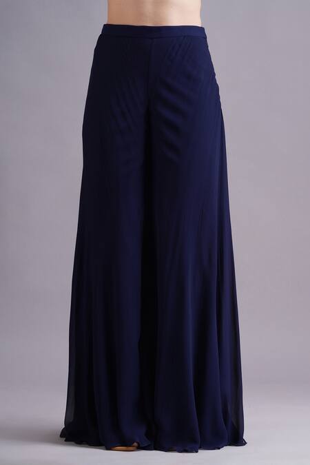 Shop Maisolos Navy Georgette Embroidery Split V-neck Petal Wave Jacket And Gharara Set Online at Aza Fashions Shop_Maisolos_Navy Georgette Embroidery Split V-neck Petal Wave Jacket And Gharara Set _Online_at_Aza_Fashions