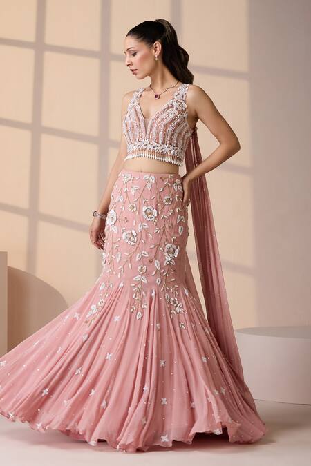 Buy Chaashni By Maansi And Ketan Pink Net, Georgette Pearls, Sequins, Cut Floral Applique Mermaid Lehenga Set Buy_Chaashni By Maansi And Ketan_Pink Net, Georgette Pearls, Sequins, Cut Floral Applique Mermaid Lehenga Set