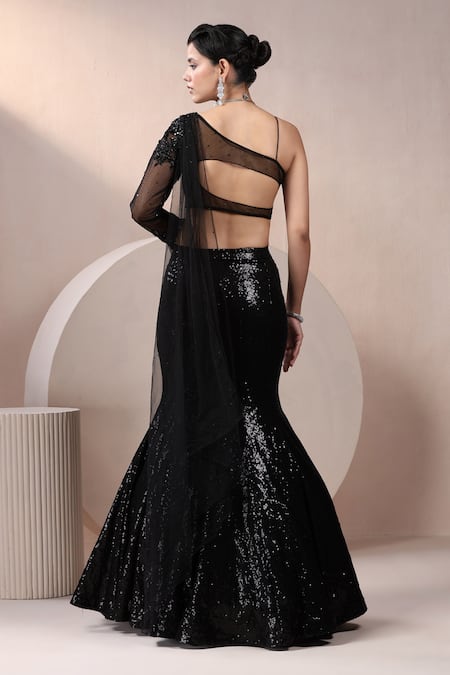 Shop_Chaashni By Maansi And Ketan_Black Net Sequins, Beads, Cut Work, Zari Mermaid Lehenga And Embroidered Blouse_at_Aza_Fashions