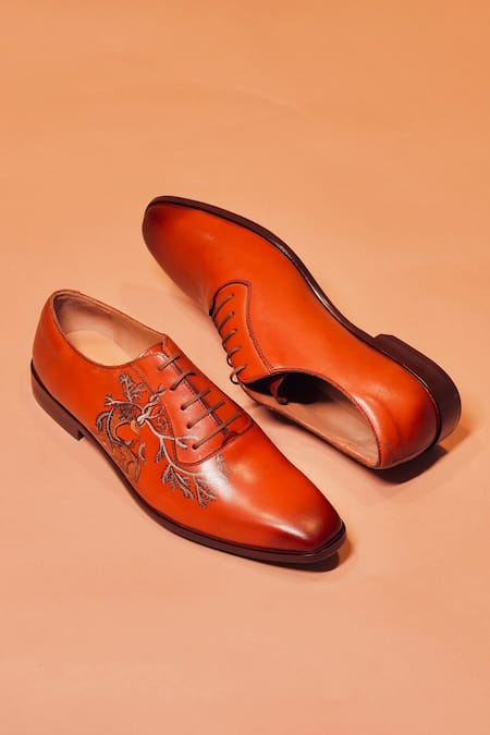 Shop_Dmodot_Brown Embroidery Gond Painted Oxford Shoes _at_Aza_Fashions