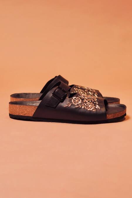 Dmodot_Black Embroidery, Zari Floral Zardozi Slipper Sandals _Online_at_Aza_Fashions
