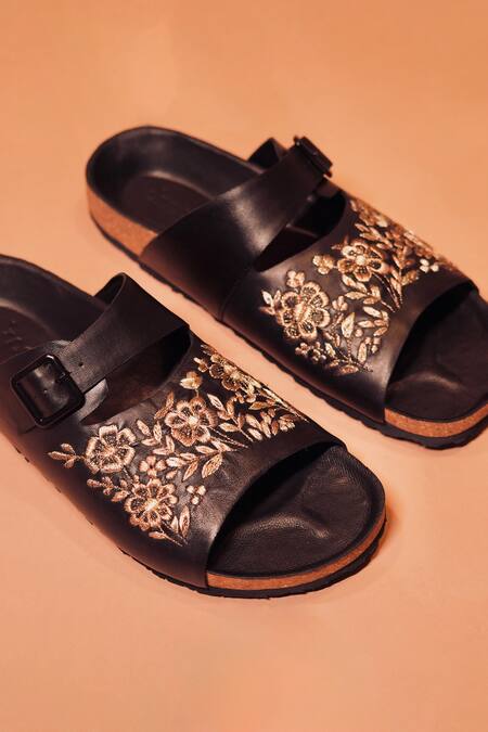 Buy_Dmodot_Black Embroidery, Zari Floral Zardozi Slipper Sandals _Online_at_Aza_Fashions