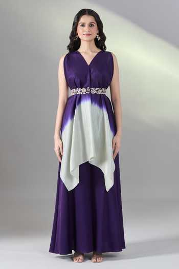 Prisho_Purple Silk Pearls, Embroidery V-neck Floral Cape And Pant Set _Online_at_Aza_Fashions