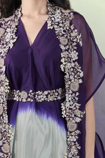 Buy_Prisho_Purple Silk Pearls, Embroidery V-neck Floral Cape And Pant Set _Online_at_Aza_Fashions