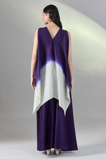 Shop_Prisho_Purple Silk Pearls, Embroidery V-neck Floral Cape And Pant Set _Online_at_Aza_Fashions