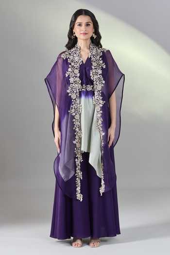 Buy_Prisho_Purple Silk Pearls, Embroidery V-neck Floral Cape And Pant Set 