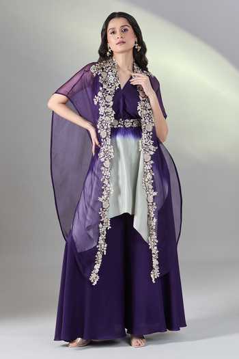 Shop_Prisho_Purple Silk Pearls, Embroidery V-neck Floral Cape And Pant Set 