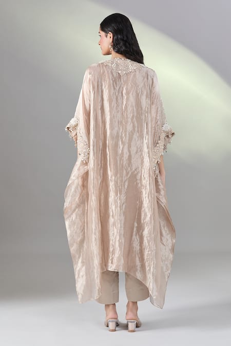 Shop Prisho Beige Tissue Sequins Round Neck 3d Flower Embroidered Kaftan Set at Aza Fashions Shop_Prisho_Beige Tissue Sequins Round Neck 3d Flower Embroidered Kaftan Set _at_Aza_Fashions