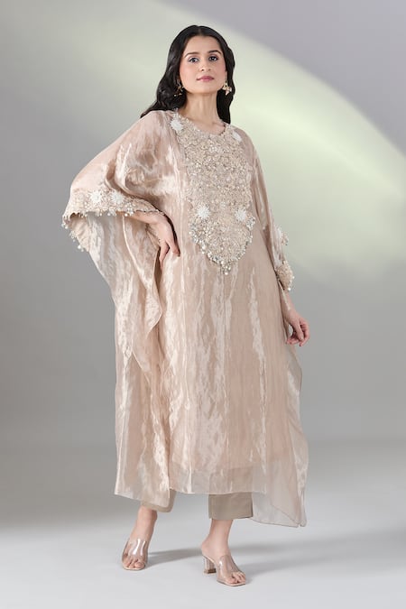 Buy Prisho Beige Tissue Sequins Round Neck 3d Flower Embroidered Kaftan Set Online at Aza Fashions Buy_Prisho_Beige Tissue Sequins Round Neck 3d Flower Embroidered Kaftan Set _Online_at_Aza_Fashions