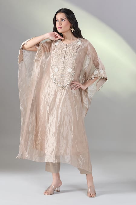 Shop Prisho Beige Tissue Sequins Round Neck 3d Flower Embroidered Kaftan Set Online at Aza Fashions Shop_Prisho_Beige Tissue Sequins Round Neck 3d Flower Embroidered Kaftan Set _Online_at_Aza_Fashions