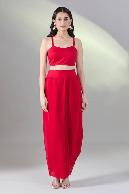 Prisho_Red Organza Embroidery Sweetheart Neck Dori Cape And Draped Skirt Set _Online_at_Aza_Fashions