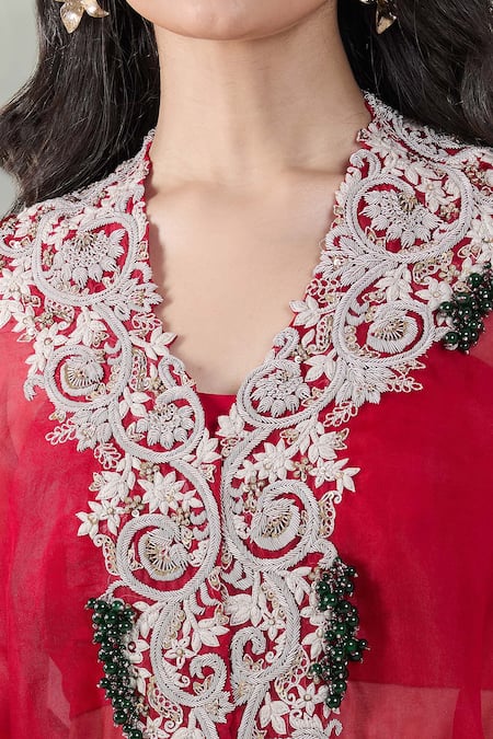 Buy_Prisho_Red Organza Embroidery Sweetheart Neck Dori Cape And Draped Skirt Set _Online_at_Aza_Fashions