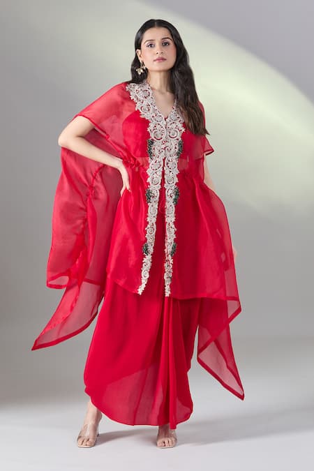 Shop_Prisho_Red Organza Embroidery Sweetheart Neck Dori Cape And Draped Skirt Set _Online_at_Aza_Fashions