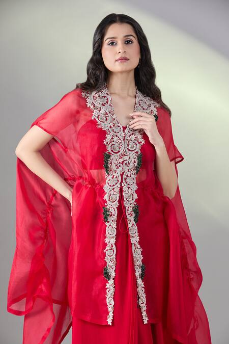Prisho_Red Organza Embroidery Sweetheart Neck Dori Cape And Draped Skirt Set _at_Aza_Fashions