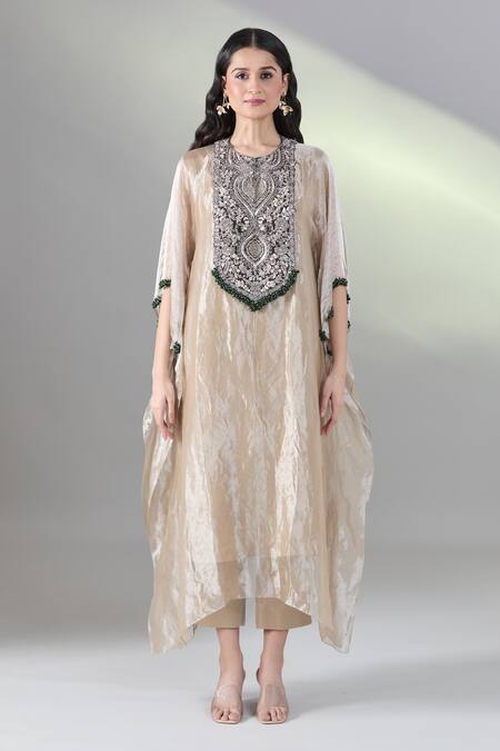 Shop Prisho Beige Tissue Beads Round Neck Floral Embroidered Kaftan Pant Set Online at Aza Fashions Shop_Prisho_Beige Tissue Beads Round Neck Floral Embroidered Kaftan Pant Set _Online_at_Aza_Fashions