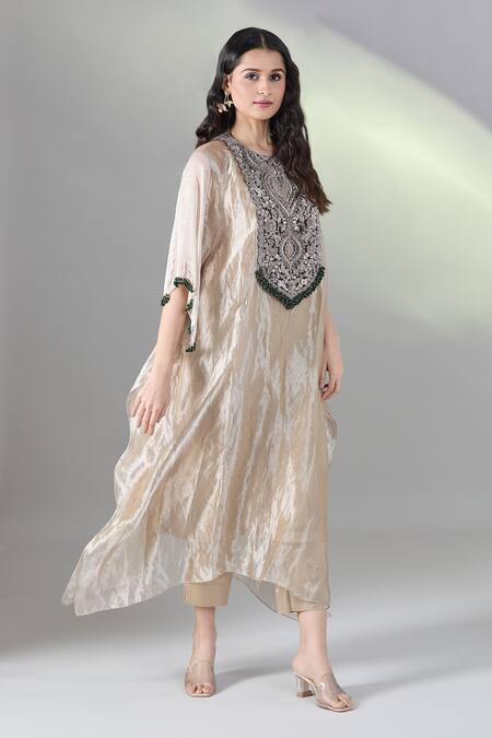 Prisho Beige Tissue Beads Round Neck Floral Embroidered Kaftan Pant Set at Aza Fashions Prisho_Beige Tissue Beads Round Neck Floral Embroidered Kaftan Pant Set _at_Aza_Fashions