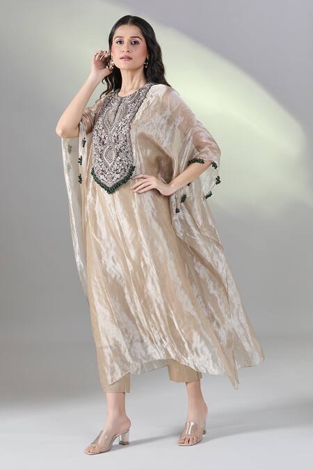 Buy Prisho Beige Tissue Beads Round Neck Floral Embroidered Kaftan Pant Set Buy_Prisho_Beige Tissue Beads Round Neck Floral Embroidered Kaftan Pant Set