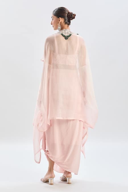 Shop Prisho Pink Cotton Beads Sweetheart Neck Floral Embroidered Cape Set at Aza Fashions Shop_Prisho_Pink Cotton Beads Sweetheart Neck Floral Embroidered Cape Set _at_Aza_Fashions