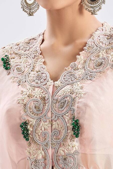 Buy Prisho Pink Cotton Beads Sweetheart Neck Floral Embroidered Cape Set Online at Aza Fashions Buy_Prisho_Pink Cotton Beads Sweetheart Neck Floral Embroidered Cape Set _Online_at_Aza_Fashions