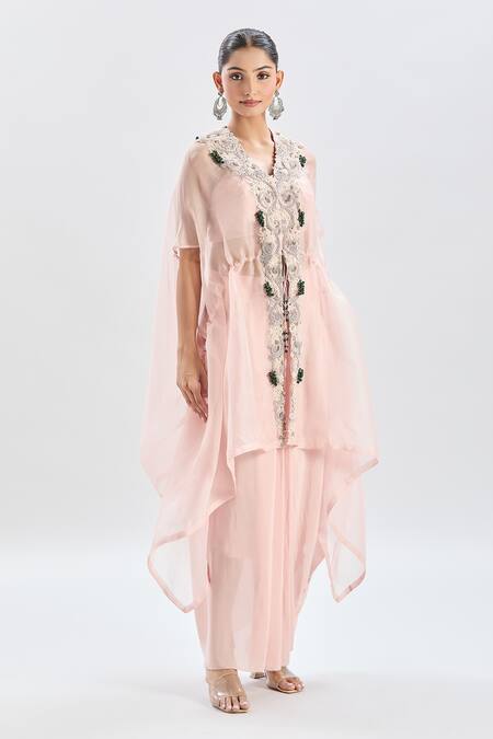 Shop Prisho Pink Cotton Beads Sweetheart Neck Floral Embroidered Cape Set Online at Aza Fashions Shop_Prisho_Pink Cotton Beads Sweetheart Neck Floral Embroidered Cape Set _Online_at_Aza_Fashions