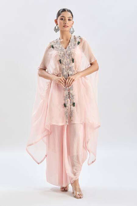 Prisho Pink Cotton Beads Sweetheart Neck Floral Embroidered Cape Set at Aza Fashions Prisho_Pink Cotton Beads Sweetheart Neck Floral Embroidered Cape Set _at_Aza_Fashions