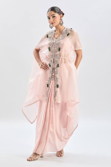 Buy Prisho Pink Cotton Beads Sweetheart Neck Floral Embroidered Cape Set Buy_Prisho_Pink Cotton Beads Sweetheart Neck Floral Embroidered Cape Set