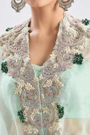 Buy_Prisho_Blue Cotton, Chiffon Beads, Cut Work, Embroidery Sweetheart Floral Cape Set _Online_at_Aza_Fashions